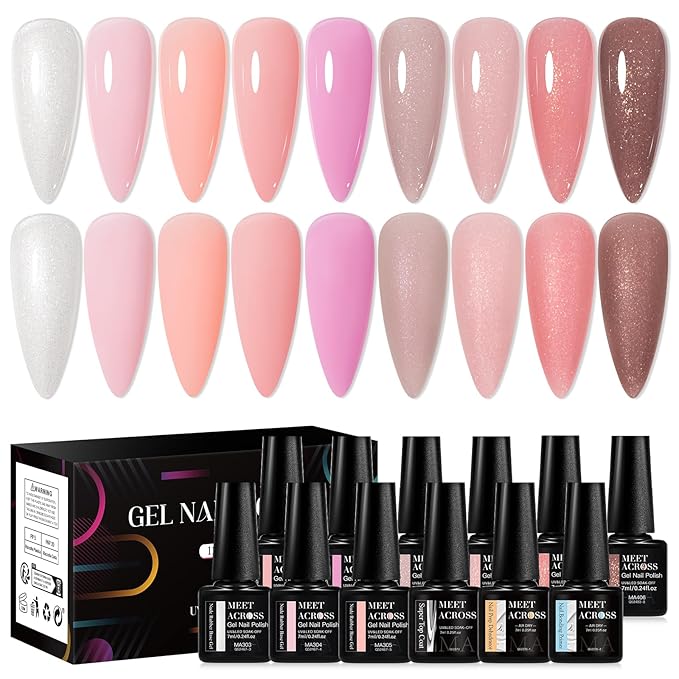 MEET ACROSS Color Base Gel For Nails 12 Pcs, Builder Base Nail Gel Aesthetic Nude Pink Rubber Base Gel Polish with Super Top Coat, Prep Dehydrator and Nail Primer Base Gel Strengthener Gel All-in-1
