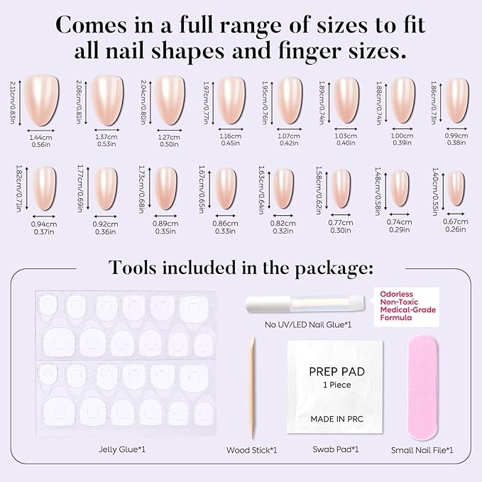 Luxbon Press On False Nails with No-Cure Nail Glue and Tool Kit–Almond Acrylic Stick On Nails Soft Gel Tips 30-32pcs Full Size Set, Reusable Fake Nails for Women, Fit Perfectly, Pearlescent Pink