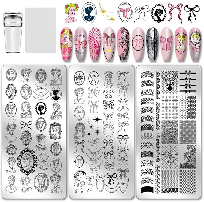 PH PandaHall 3pcs Retro Lady Portrait Nail Stamp Plates Bow Tie Nail Arts Templates Lace Ribbon Nails Art Stencils Vintage Style Nails Image Plates for Women DIY Manicures Salon Design Printing