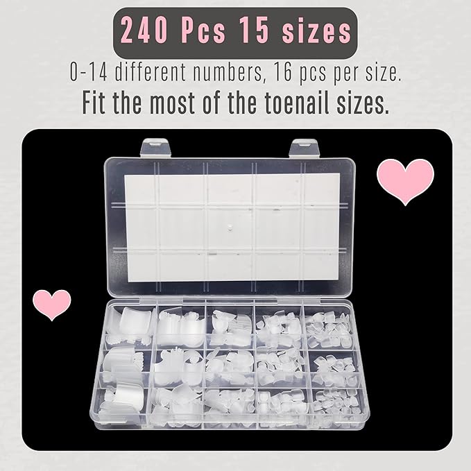 Fake Toe Nail Tips Press on, Full Cover Sharp Square Soft Gel False Toenail Extension, Clear Pre-applied Tip Primer & Base Coat, Acrylic for French Tip DIY x 15 Sizes 240 pcs