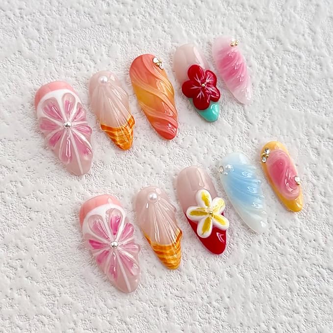 Luxury Press on Nails Medium Almond Handmade 3D Unique Reusable ABS Material Fake Nails Pink Grapefruit False Nails with Designs Red Flower Shell Art Petal Glossy Glue on Nails Thick Acrylic Nails(S)