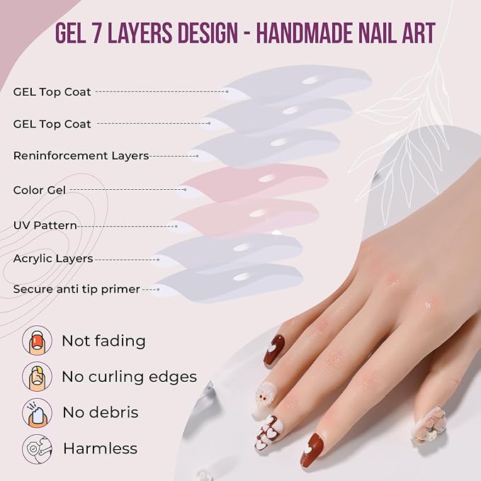 Fake Nails Set Brown White Long Medium Square Cute 3D Bear Love False Nail Tips, Press On Nails, Artificial Art Nails Finger Manicure for Women and Girls(CDJ0003-M)