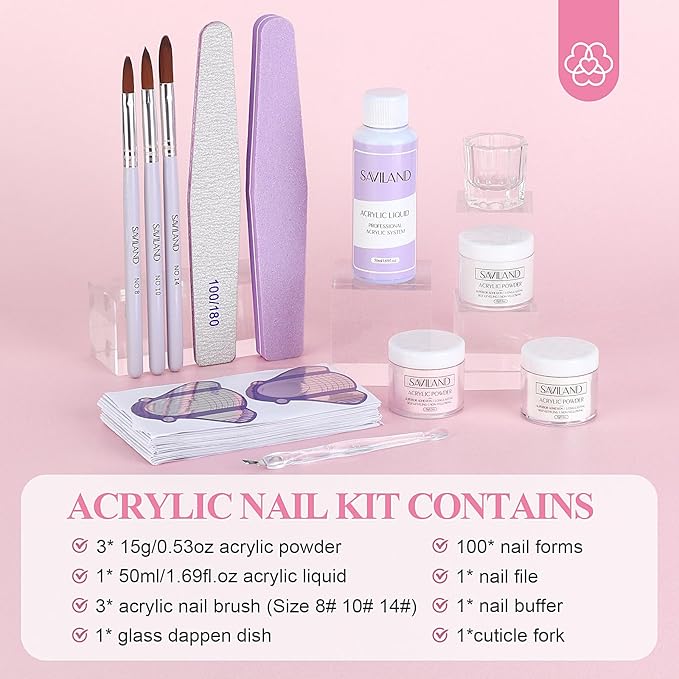 SAVILAND Acrylic Nail Kit Starter Set: Acrylic Nail Kit for Beginners with Everything White Pink Clear Acrylics Powder and Liquid Set #8/10/14 Nail Brush Forms Manicure Tools Home Nail Salon DIY