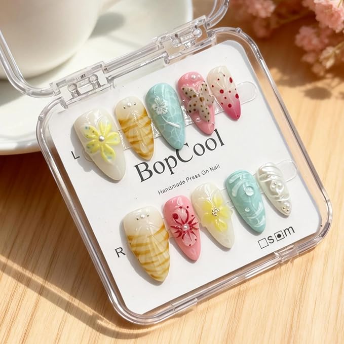 Luxury Press-On Nails – Medium Almond Handmade French Tip Nail Art | 3D Flower & Pearl Design | Blue Ocean Pattern False Nails | Reusable Acrylic Nail(S-10PCS)