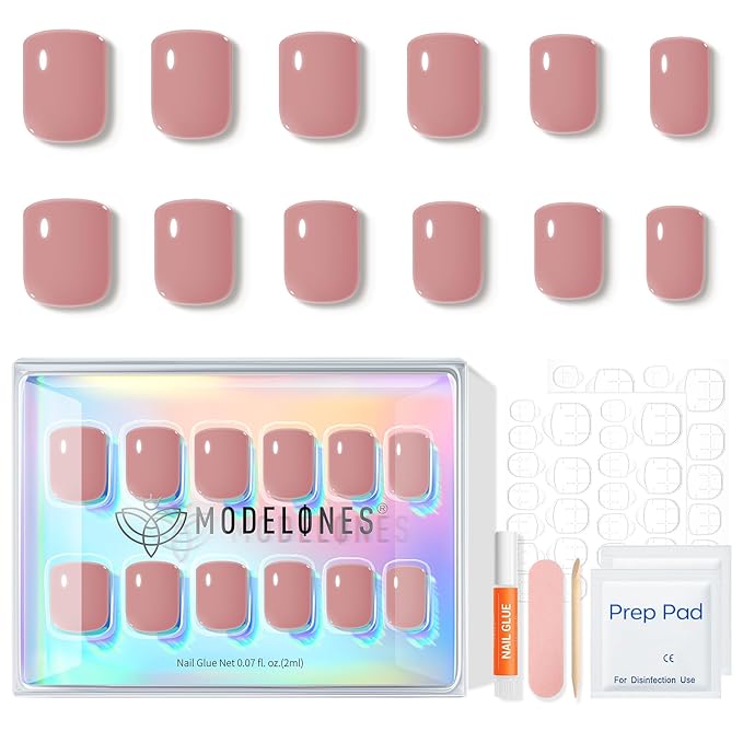 Modelones Extra Short Press on Nails, Squoval Fake Nails, Reusable Nail Kit with Nail Glue Adhesive Tabs Mini Nail File, Nails Press Ons 32Pcs 16 Sizes, Cosy Pink, Spring Women Girl Gift