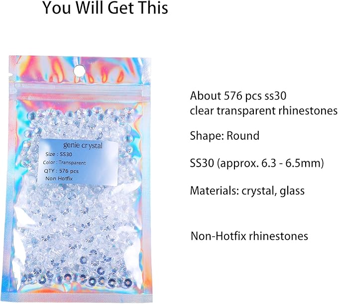 Genie Crystal ss30 Clear unfolid Glass Rhinestones,576 Pcs 6.3mm Flatback Rhinestone Gems Diamond Stones for DIY Crafts, Tumblers,Mug, Makeup, Dress, Shoes