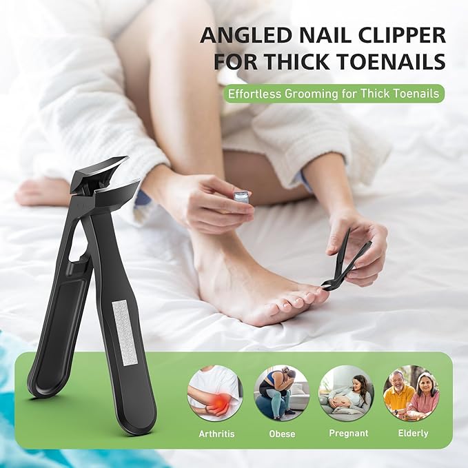 Slanted Curved Blade Ingrown Toenail Clippers for Thick Toenails, Angled Toe Nail Fingernail Cutter Trimmer for Seniors and Men - Black (Black Nail Clipper with File)