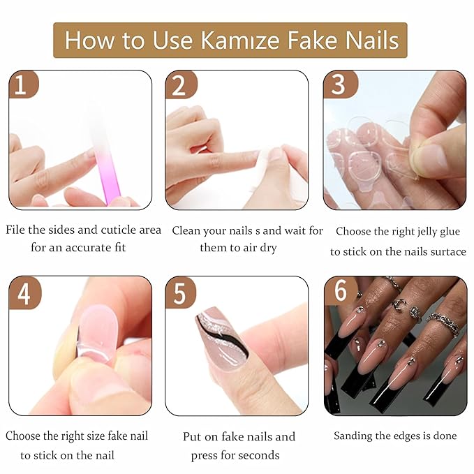 Black French Tip Press on Nails Long Coffin Fake Nails with Rhinestones Design Acrylic Nails Press ons Full Cover False Nails with Glue for Women Daily Wear Simple 24Pcs