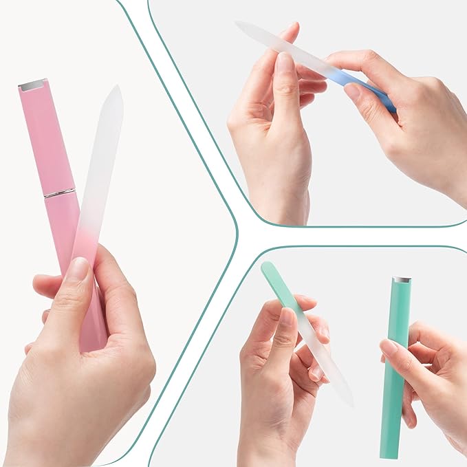 Glass Nail File 3 Pack for Natural Nails, Stocking Stuffers for Women Adults Unique Christmas Gifts Crystal Fingernail Files with Case Etched Nail Filer Professional Nail File Glass Lima de uñas