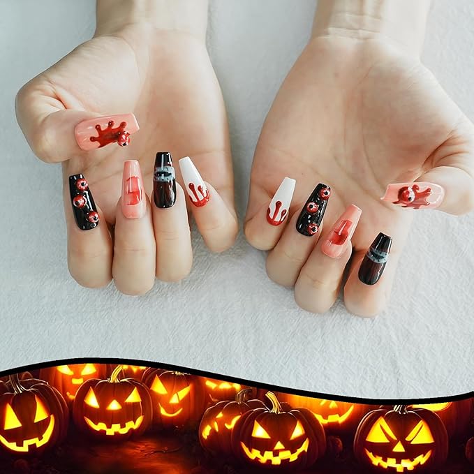 Handmade Press on Nails Long Coffin - 3D Eyeballs with Red Drops Design, Multi-Layer Gel Acrylic Nails for Parties, Halloween (Vampire Eyes,M)