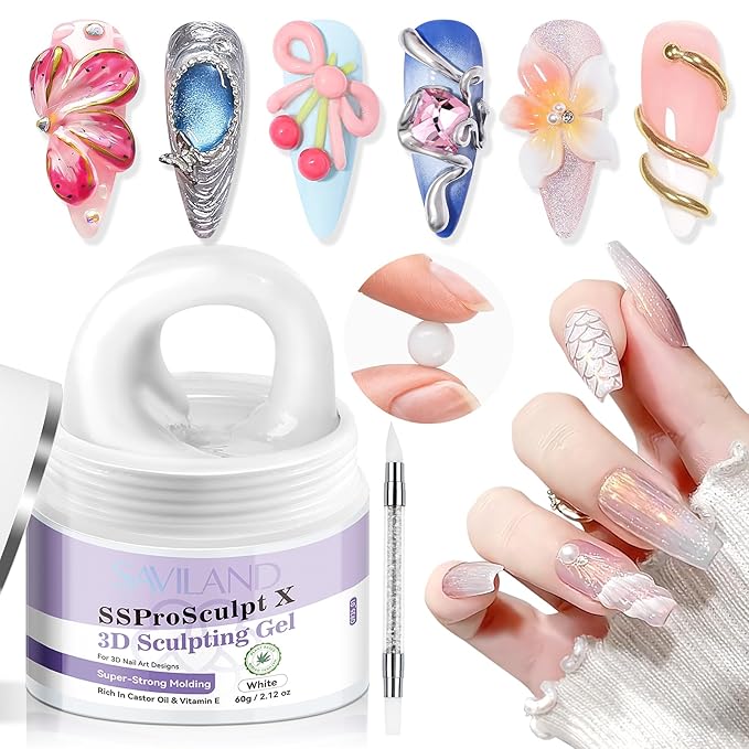 SAVILAND 60 g 3D Nail Gel: Strong Molding 3D Gel Nail Art Sculpture White Sculpting Gels No Wipe for Extension Non Sticky Gels Builder 3D DIY At Home Gift Set