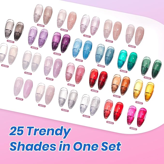 Beetles Deal Box Jelly Gel Nail Polish Set, Jelly Pink Milky White Black Green Silver Cat Eye Glitter Gel Polish HEMA-Free TPO-Free Base Top Coat 36PCS 25 Colors UV LED Needed DIY Salon Home