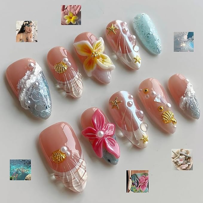 Luxury Press on Nails Medium Almond French Tip Handmade 3D Unique Reusable ABS Material Fake Nails Summer False Nails with Designs Plumeria Floral Art Petal Glossy Glue on Nails Thick Acrylic Nails(M)