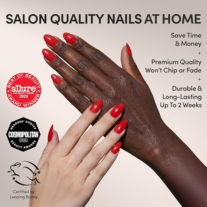 Valentines Day Glamnetic Press On Nails - Red Flag | Short Almond Fake Nails in Vibrant Bright Red Hue with a Glazed Finish, Salon Quality | 15 Sizes - 30 Nail Kit with Glue