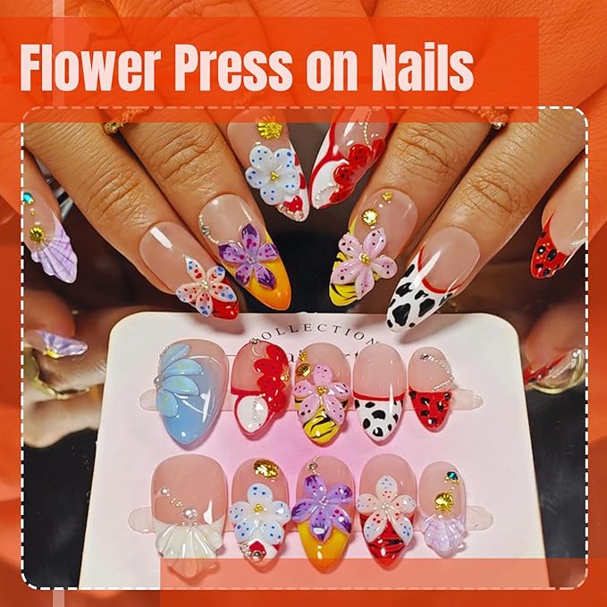 Handmade Acrylic Press On Nails Almond, 3D Press On Nails Medium, Flower 3D Red Nails French Tip Preal Shell Leopard For Women Gift, Reusable Stick On Fake Nails Kit With Nail Glue(Lush Garden-M)