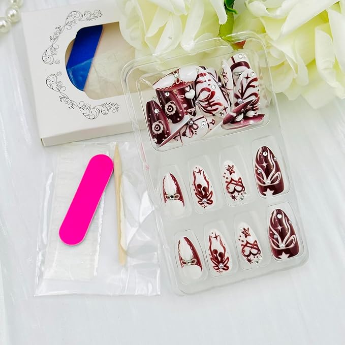 30pcs Valentines Press on Nails Medium Almond Fake Nails Heart Bow Star False Nails with 3d Pearl Rhinestones Designs Glue on Nails Red Cherry Full Cover Artificial Stick on Nail Decoration for Women