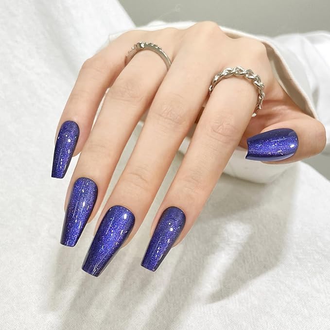 Dark Blue Cat Eyes Press On Nails,12 Sizes - 24 Pcs Soft Gel Blue Medium Coffin Fake Nails Kit with Nail Glue, Natural Reusable Stick On False Nails for Women and Girls SK0999