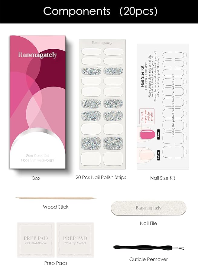 Semi Cured Gel Nail Strips, 20Pcs Long Lasting Salon Quality Wraps, Easy Apply & Remove Gel Nail Stickers with UV Light (Glitter Goblin White)