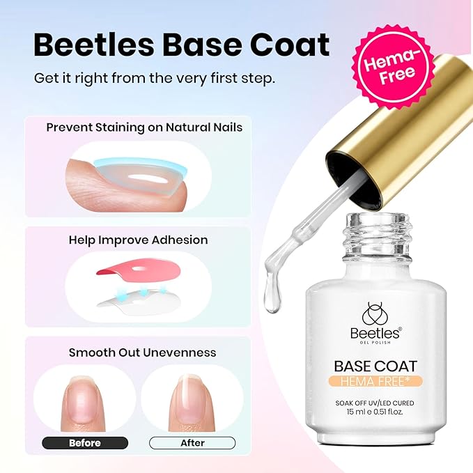 Beetles Gel Base and Top Coat Set with Matte Top Coat – 3 Pcs No Wipe Gel Nail Polish Kit, Glossy & Matte Finish, HEMA Free UV LED Soak Off Long Lasting Manicure Essentials