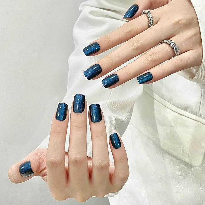 Navy Blue Cat Eyes Press On Nails,12 Sizes - 24 Pcs Soft Gel Navy Blue Medium Square Fake Nails Kit with Nail Glue, Natural Reusable Stick On False Nails for Women and Girls (Skycloud Nails) SK0928
