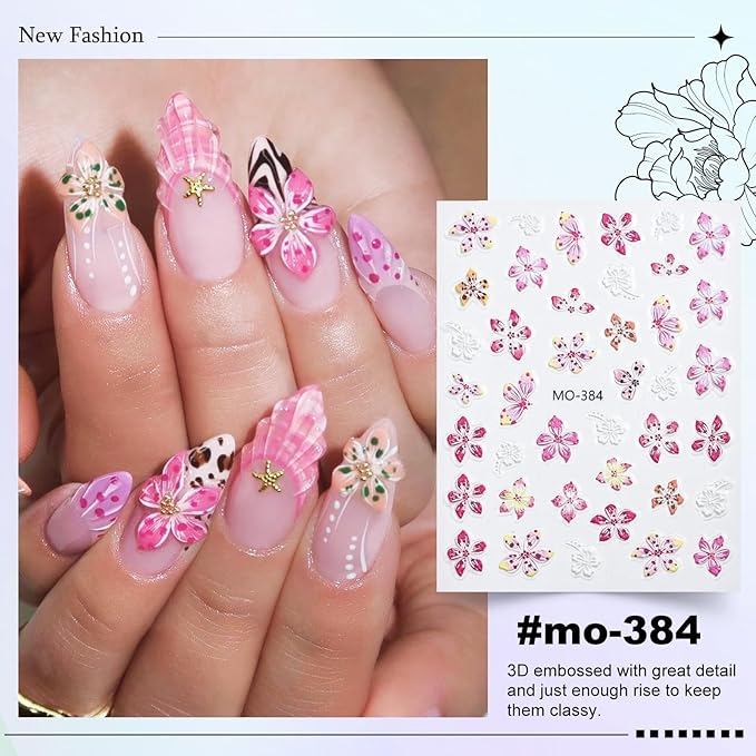 Flower Nail Stickers for Nail Art - 5D Embossed Hibiscus Nail Decals, 3 Sheets Self-Adhesive Pink White Lily Hibiscus Tropical Floral Summer Spring Flower Nail Designs Decor for Women Girls 807-11
