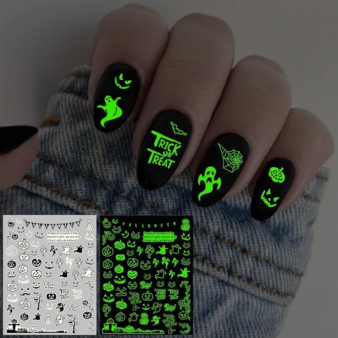 Halloween Glow in The Dark Nail Stickers, 3D Luminous Ghost Nail Art Decals, Self-Adhesive Pumpkin Spider-Web Bat Design for DIY Supplies Decoration (10 Sheets)
