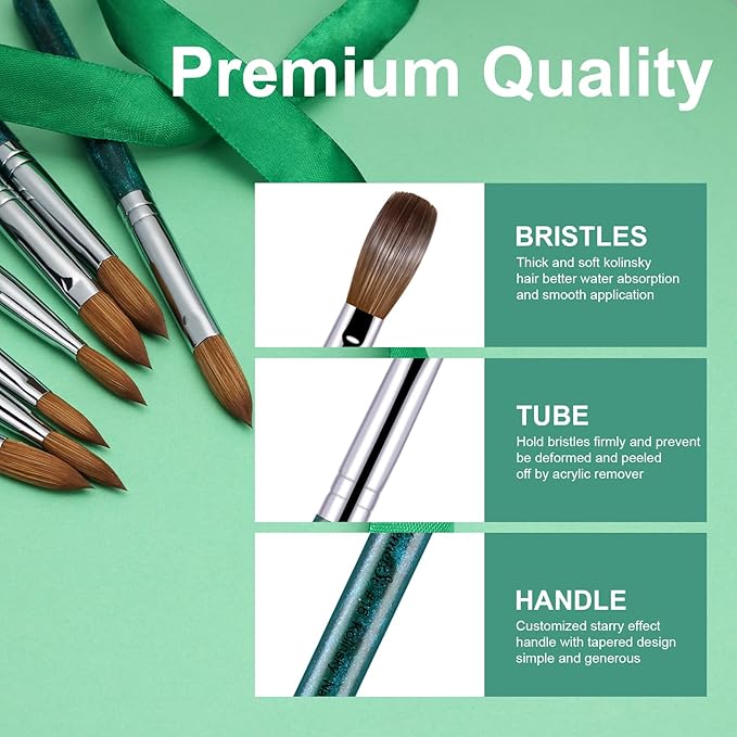 Acrylic Nail Brush Size #12, 100% Pure Kolinsky Nail Art Brushes for Acrylic Application, Sturdy Starry Handle Oval Shaped Nail Design Tools for Professional Manicure DIY, Green