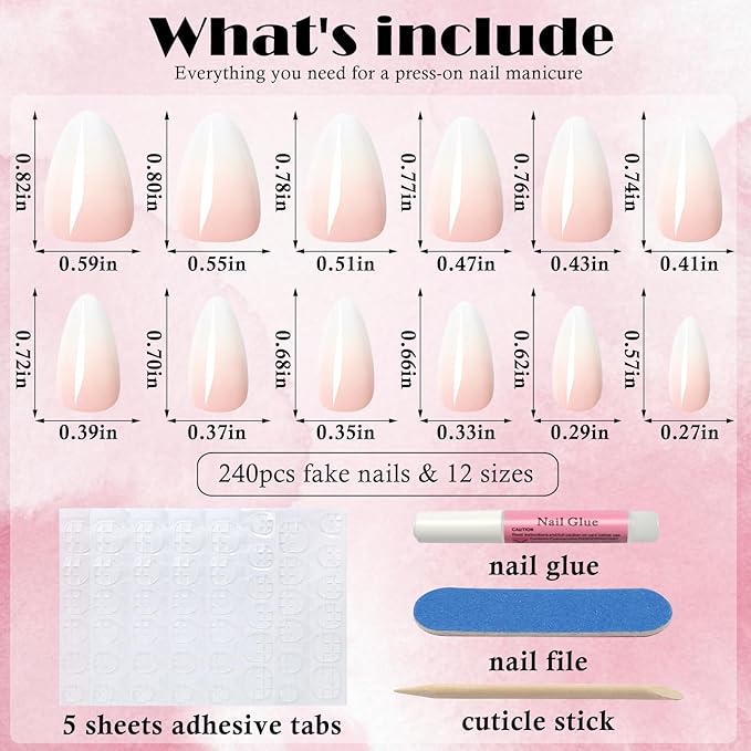 AddFavor 240pc Ombre Almond Press on Nails Short Fake Nails - Glue on Nails Almond Acrylic Nails Press ons Nail Tips Short Stick on Nails with Nail Glue and Adhesive Tabs for Women