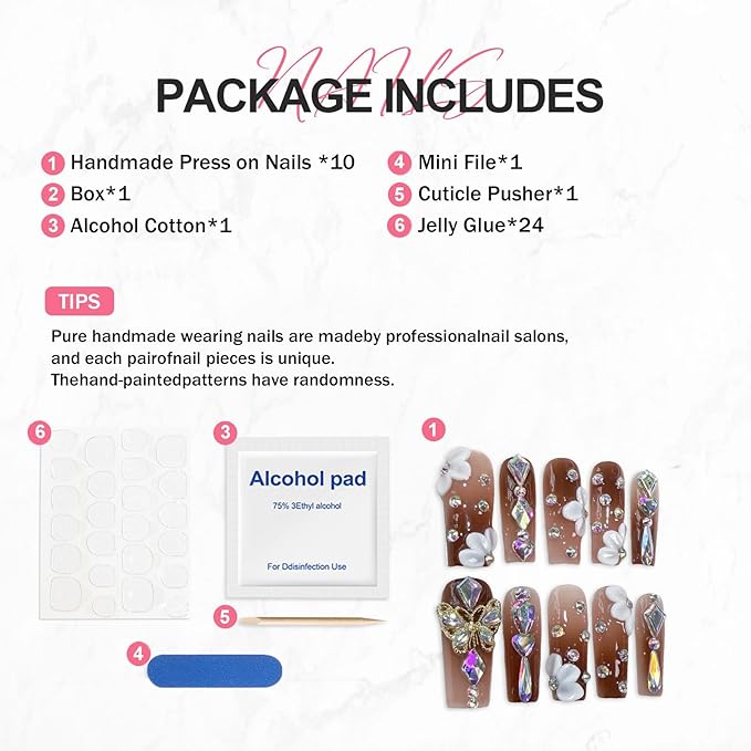 Brown Gradient Press on Nails Long Coffin Fake Nails Handmade Press on Nails 3D Luxury Colorful Rhinestone Designs Embossed Butterfly White Flower False Nail Bling Acrylic Nail for Women (Size M)