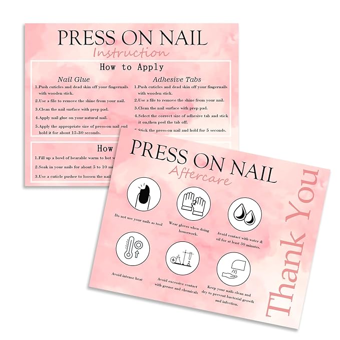 50pcs Press on Nail Instructions and Aftercare Cards 4.25 * 3.15in,Press on Nail Display Cards Manicure Usage Application Guides Supplies for Small Business(Pink, 50pcs)