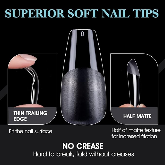 Gelike EC Soft Gel Nail Tips Kit for Soak Off Nail Extensions, Full Cover, Coffin Shaped, Pre-Buff PMMA Resin, Clear Ultra-Thin Design, 12 Sizes, 552 Pieces, Medium Coffin False Press on Nail