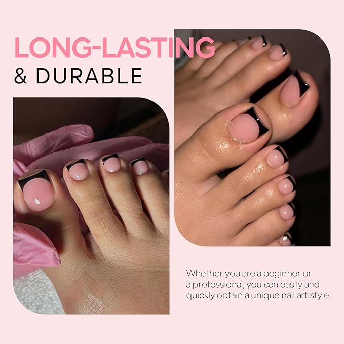 Toe Nail Press On with 2 Nail Glue, 150pcs Square French 15 Sizes Thick Soft False Toenail Extension, Black Full Cover Acrylic for Women Nail Art DIY