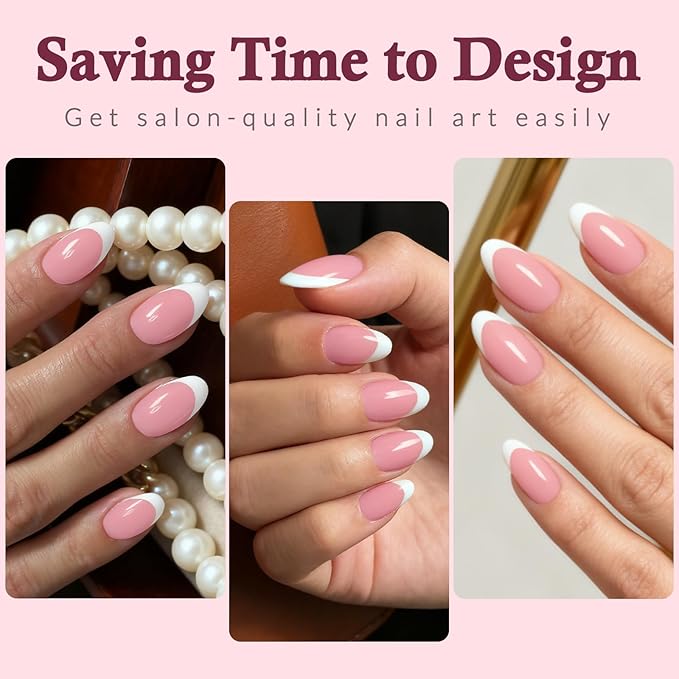 240PC White French Tip Press on Nails Short Fake Nails Press ons with 5*Adhesive Tabs, Pink Almond Acrylic Nail Press on Nail French Tip Nails False Artificial Fingernails Stick on Nails-E