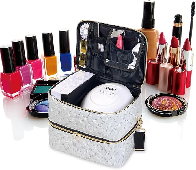 Nail Polish Organizer Case Holds 40 Bottles(15ml/0.5fl.oz) and Nail Lamp, Double Layer Nail Polish Storage with Adjustable Dividers,Portable Carrying Bag for Nail Kit, Manicure Tools Beige