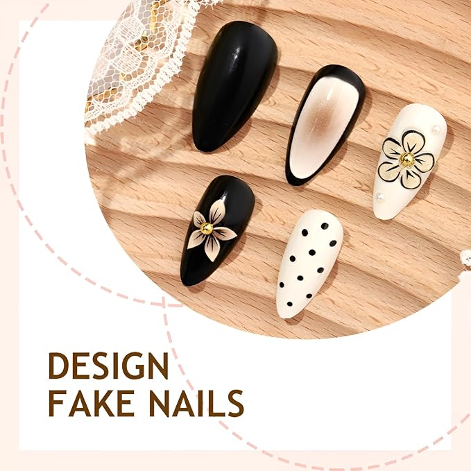 24Pcs Medium Almond Press on Nails 3D Flower Fake Nails White Black False Nails with Gold Rhinestones Design Polka Dot Nails Press Ons Glossy Glue on Nail Gradient Stick on Nail for Women