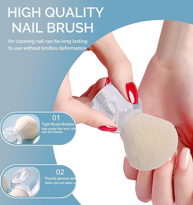 2Pcs Nail Dust Brush Set, Transparent Base with Hollow Cavity Design (Better Grip) - Soft Kabuki Cleaner Brush for Acrylic Nails, Manicure Dust Removal & Makeup