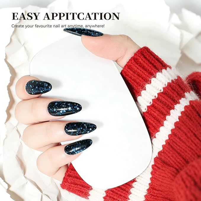 Semi Cured Gel Nail Strips Dark Blue Glitter Nail Strips with UV/LED Required Long Lasting Gel Nail Stickers Includes 22 Strips 2 Prep Pads, Nail File & Wooden Stick