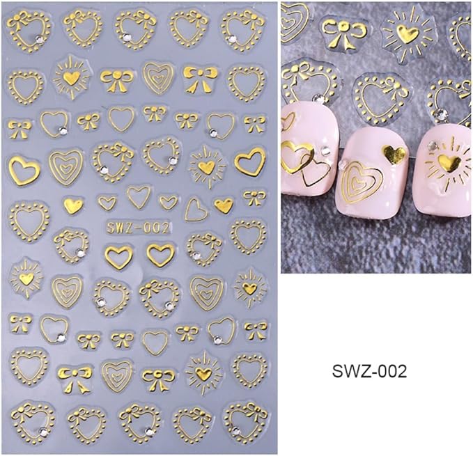 Gold Nail Stickers 5D Embossed Gold Hearts Nail Decals 3D Self Adhesive Key Nail Art Stickers Bow Love Nails Designs Lines Nails Supplies for Women DIY Manicure 3 Sheets