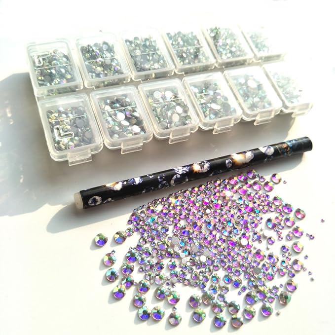 MRSCRET 4640pcs Nail Crystals Flatback Rhinestones AB Glass Charms Gems Stones Diamonds for Nails Crafts DIY Nail Art Decoration with Wax Picker Pencil Mix SS 3 6 8 10 12 16 20(1.3-4.8) MM