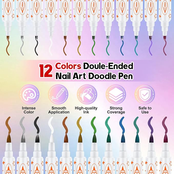 Kalolary 12 Colors Nail Art Pens Set, Nail Polish Pens Double-Ended Acrylic Paint Pen Nail Art Markers Quick-Dry Nail Art Tools for Dotting Drawing Painting DIY Nail Art Beauty Manicure（J）