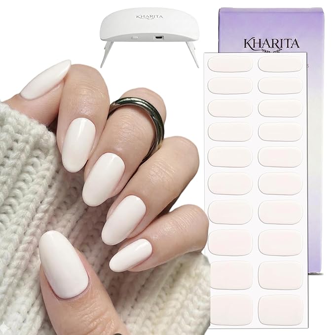 Semi Cured Gel Nail Strips – Real Gel Nail Polish Wraps | Long Lasting Easy Peel-Off Removal | Hema-Free | 20-Piece Solid Warm White Salon Sticker Kit with UV Light