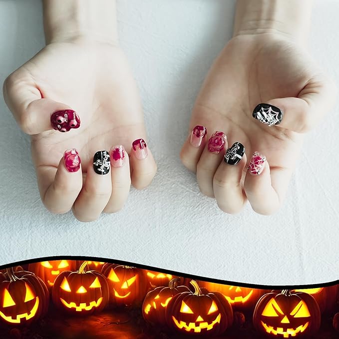 Nightmare Before Christmas Press on Nails Dark Gothic Fake Nails - Short Black White Square Nails with Spider Skeleton Cross Eyes Charms Shiny Artificial Stick on Nails for Women (Halloween Monster,S)