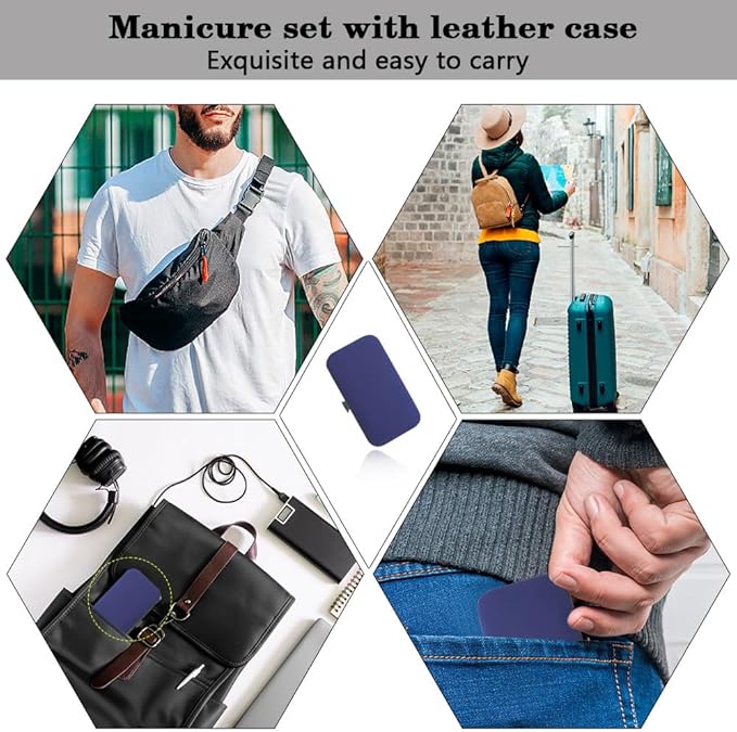 Nail Clippers Manicure Set Easter Basket Stuffers Nail Tools Pedicure Supplies Fingernail Clippers for Men Manicure Kit Toenail Clipper 8 in 1 Pednicure Tools Blue with Leather Travel Case