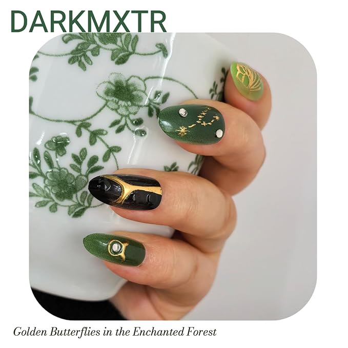 Green Agate Press-On Nails with Gold Wave & Butterfly Design - 24pcs Reusable Fake Nails with 3D Rhinestones & Zodiac Decor for Women (Coffin Shape)