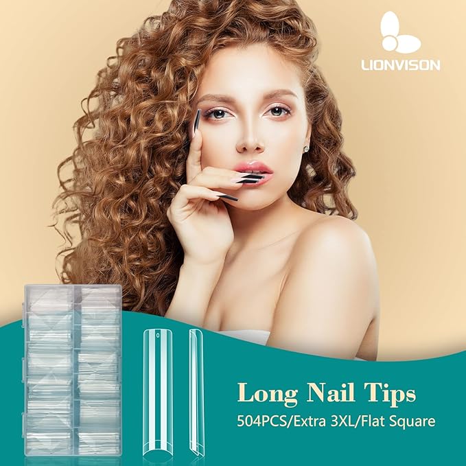 LIONVISON 504PCS No C Curve Clear Nail Tips for Acrylic Nails Professional, 3XL Extra Long Flat Tapered Square Nail Tips, 12 Sizes Half Cover Straight French Fake Nail Tips for Nail Salons Home