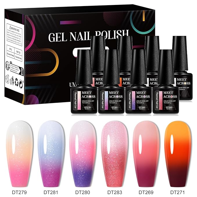 MEET ACROSS 8Pcs Glitter Color Changing Gel Nail Polish Set Pink Amber Color Changing Gel Polish Temperature Change Gel Polish Kit Manicure Gift 6 Colors