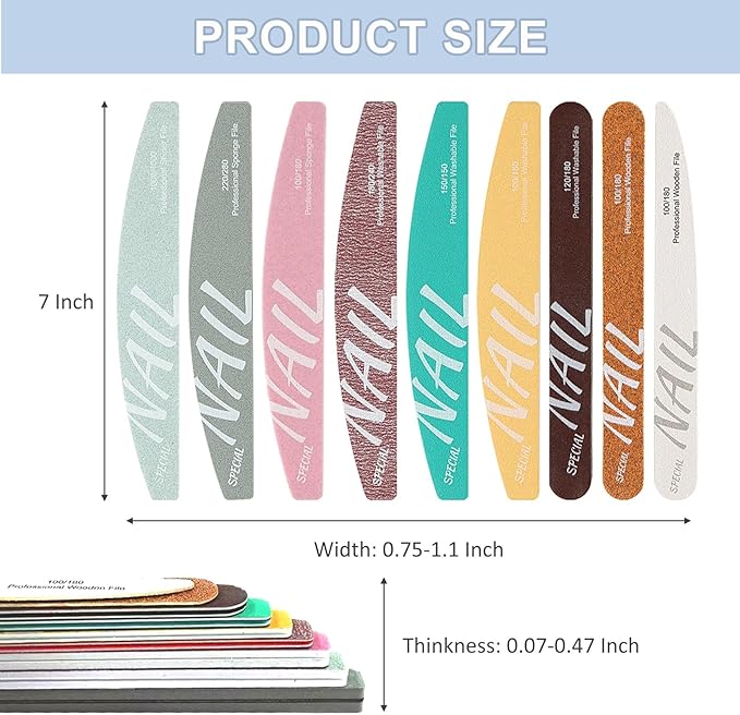 9Pcs Nail Files Buffer Set Double Sided Professional Emery Boards for Natural Acrylic Nails 100/120/150/180/220/240/280/1000/4000 Grit Washable Soft Nail Filer Manicure Tools Home Salon Use