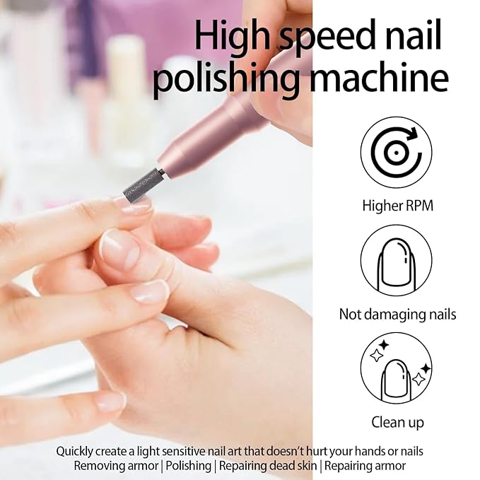 Nail Drill Kit Electric Rechargeable Set Cordless Nail Art Grinding Machine Compact Professional Nail File for Gel Manicure Pedicure Polishing Tool Household,Nail Removal Machine (Metallic Pink)