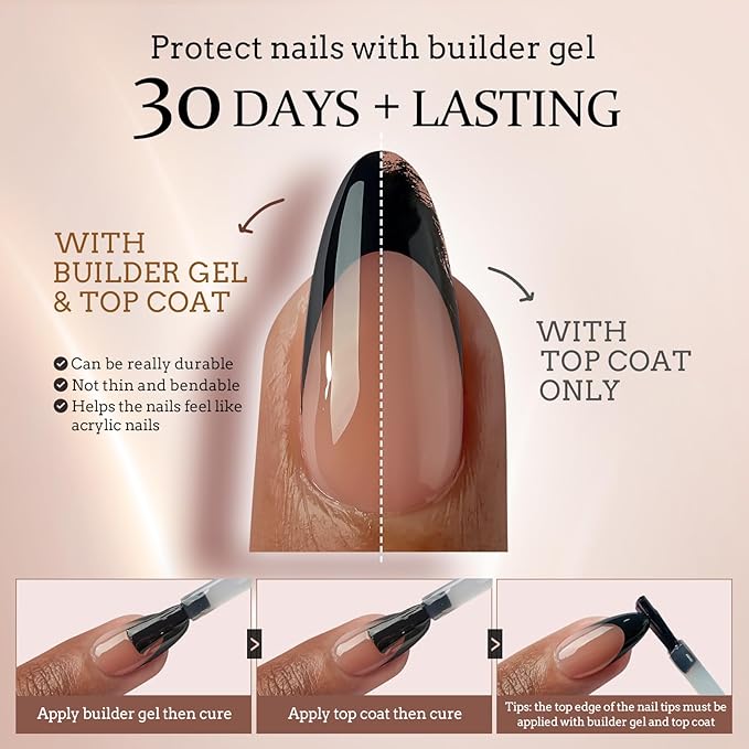 BTArtboxnails XCOATTIPS French Tip Nails - Long Press on Nails, Square Nail Tips Black, French Tip Press on Nails, Soft Gel False Nail Tips, Soak Off Acrylic Fake Nails