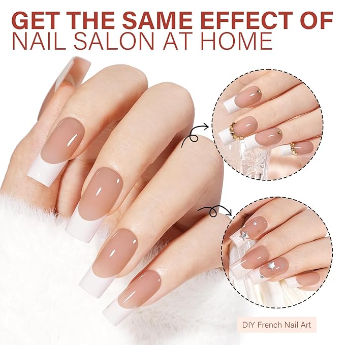 AILLSA French Gel Nail Tips,180 Pcs Long Square French Tip Press On Nails Dark Brown, Pre-Applied Primer & Base Coat, No Need File, Fake Nails Press ons with Designs DIY for Women Gift 15 Sizes